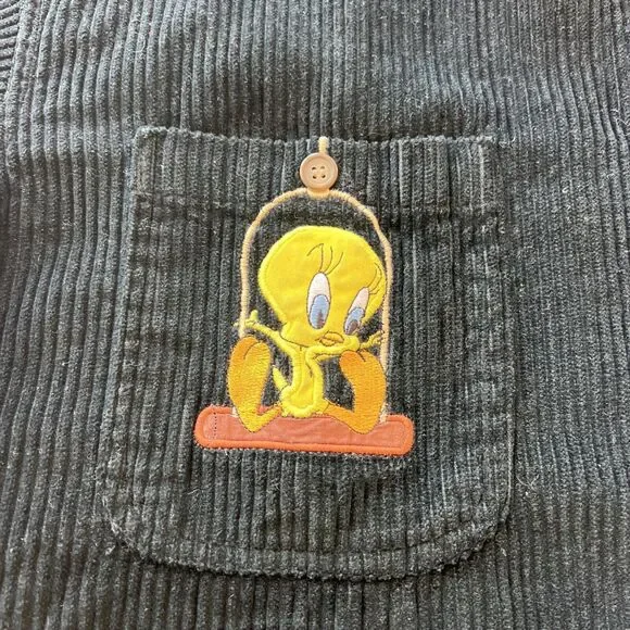 Loony Tunes Shacket Corduroy M Green Sylvester & Tweety Bird Button Up Shirt - Picture 9 of 10